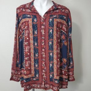 Floral western color block button down blouse